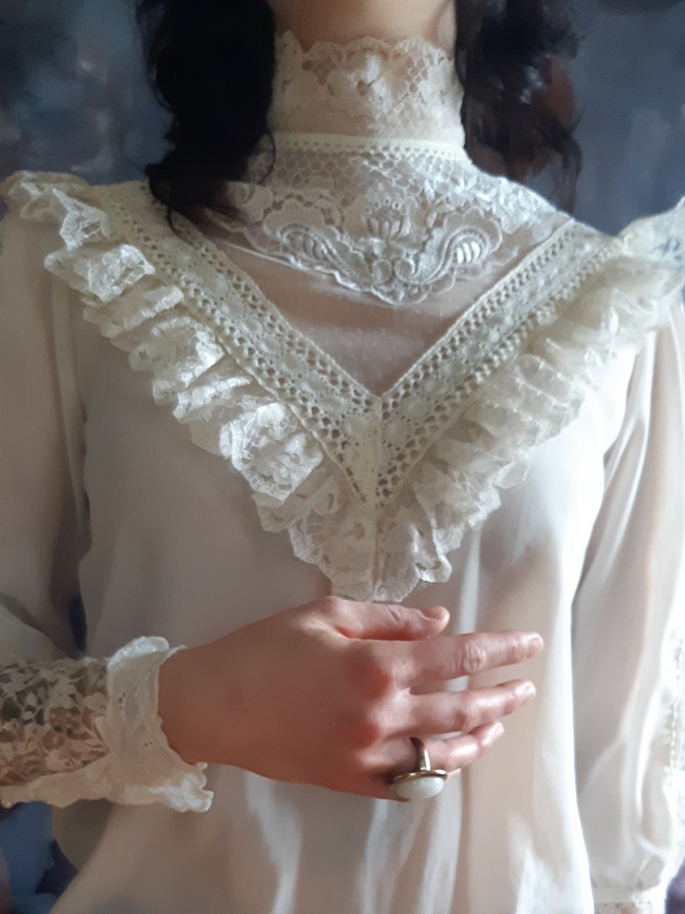 Vintage Ivory Lace High-Neck Victorian Blouse